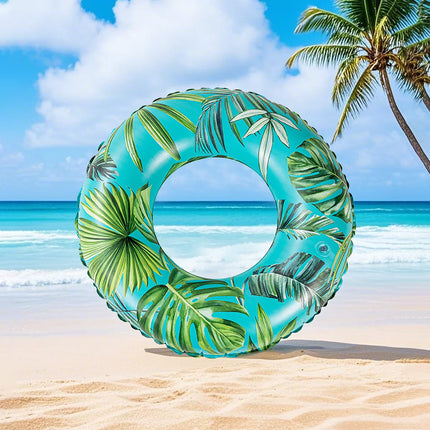 Botanical Leaf Pattern Swim Ring - Durable Vinyl Inflatable Float for Swimming, Lounging & Summer Water Activities