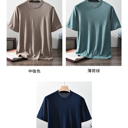 85% Silk + 15% Cashmere Men's T-shirt Casual Solid Color Knitted Pullover Short-Sleeved Round Neck Tees Basic Tops
