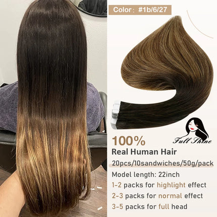 Full Shine Tape in Hair Extensions Remy Human Hair Balayage Highlights Natural Hair For Salon