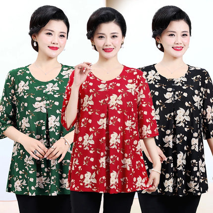 Round Necked Pleated Blouse Summer Loose T-shirt 2024 New Plus Size Shirt Flower Pattern Short Sleeved Women's Clothing