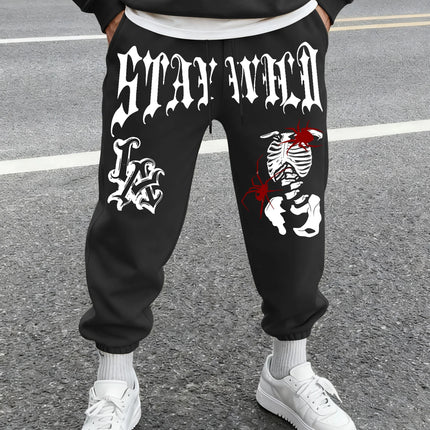 Men's Retro Dark Grunge Gothic Letter Skeleton Graphic Joggers Elastic Cuff Sweatpants Popular Vintage Streetwear Casual Pants