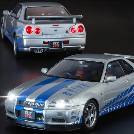 1:18 Skyline Ares GTR GT-R R34 Alloy Sports Car Model Diecasts Metal Racing Car Vehicles Model Simulation Sound Light Kids Gifts