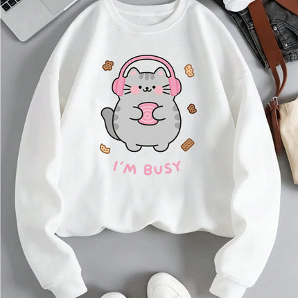 I'M Busy Cute Cat Prints Hoodies Womens Comfortable Sweatshirts 2025 Autumn and Winter Hoodie Warm Casual Women Clothes
