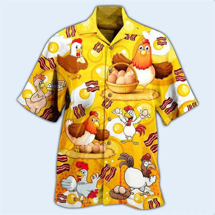 Newest Loose Breathable 3D Print Trendy Cool Fashion Chicken Shirts Beach Hawaiian Top Short Sleeves Summer Men's Men Tee