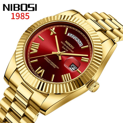 NIBOSI Brand Luxury Gold Red Quartz Watch for Men, Stainless Steel, Waterproof, Luminous, Date, Week, Fashion Men's Watches, Reloj Hombre