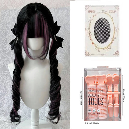 Black Wig with Pink Cosplay Wigs with Bangs  Lolita Long Curly Hair Wig Woman Party Cosplay Wig Natural Heat Resistant