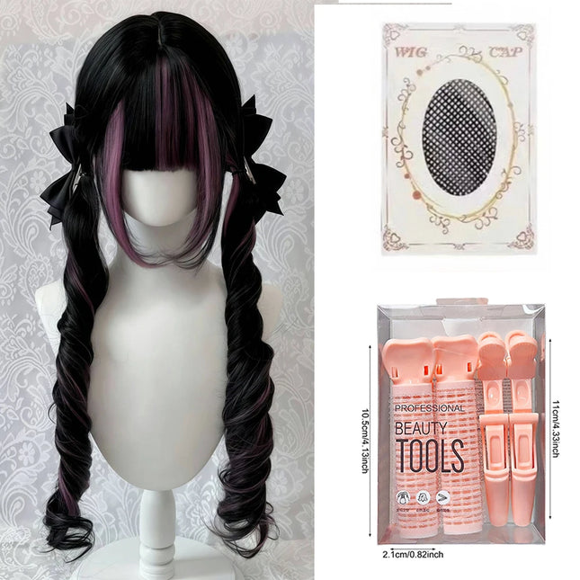 Black Wig with Pink Cosplay Wigs with Bangs  Lolita Long Curly Hair Wig Woman Party Cosplay Wig Natural Heat Resistant