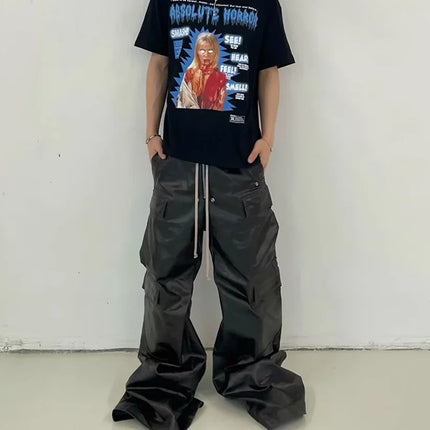 RO Style Matte PU Leather Pants for Men High Street Y2k Pantalones Hombre Baggy Overall Wide Leg Drawstring Cargo Pants