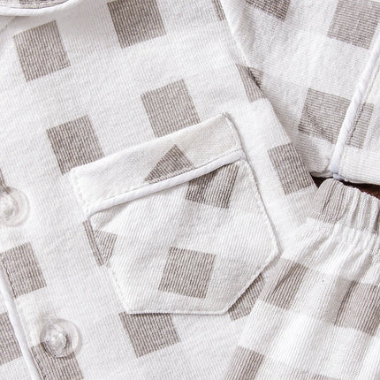 Baby Summer Pajamas Set, Simple Gray Plaid Lapel, Button-Down Short-Sleeved Long Pants, Kidsren's Breathable Cotton Refreshing Home Clothes Two-Piece Set
