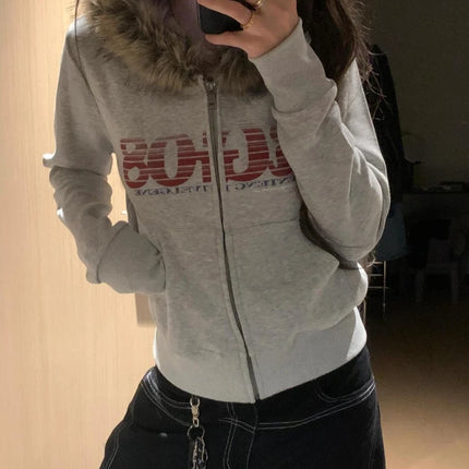 Women American Vintage Letter Print Jacket Antumn Winter Y2K Harajuku Faux Fur Hooede Hoodie Sweet Fashion Hot Girl Sweatshirt