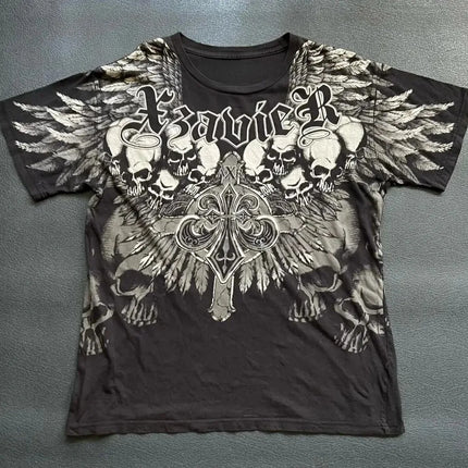 European and American men's summer Gothic letter skull print comfortable and breathable round neck T-shirt outdoor street top