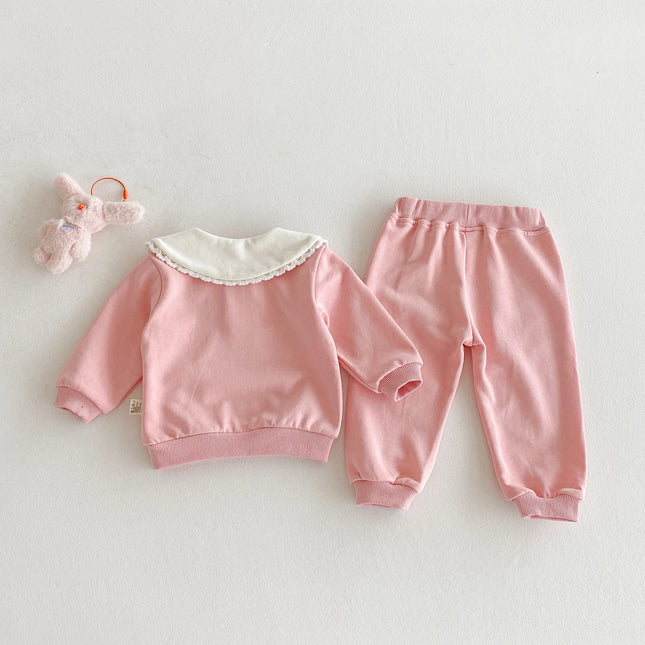 Autumn girls' sweatshirt set, long-sleeved embroidered lapel top and sweatpants two-piece set for casual outings