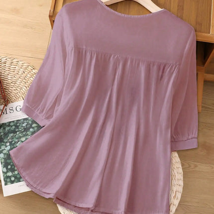 Large Size Women's Heavy Industry Embroidered Crew Neck Five-Sleeve Shirt