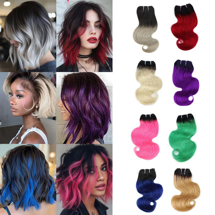 Ombre Body Wave Human Hair Bundles 8 Inch Remy Human Hair Extensions 50g 4pcs Bob Black Root Grey Pink Grey Blue Purple Hair