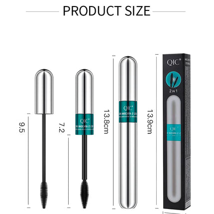 QIC Double Effect 4D Mascara Waterproof Long Curl Natural Thick Eyelash 2-in-1 Black Mascara with 2 Brush Heads