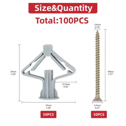 100pcs Drywall Anchor Kit Hollow Wall Anchors Plasterboard Plugs Screws Butterfly Expansion Tube Pipe 50 Set