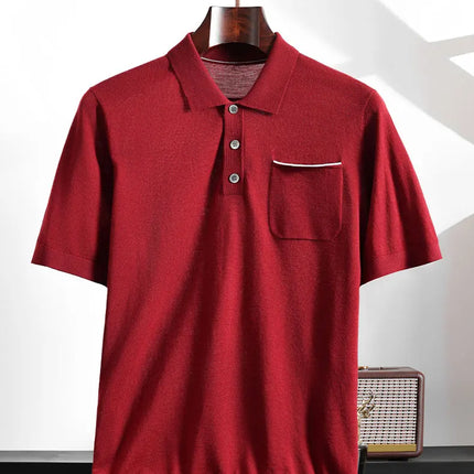 Spring and Summer New Polo Collar 100% Fine Wool Short Sleeve Men's Business Casual T-Shirt with Turn-down Collar and Pocket