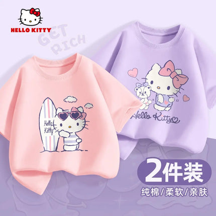 (2 Pieces Per Pack) Sanrio Summer Baby Girls 100% Cotton Clothes Kid Children Girl Hello Kitty Printed T-shirts Short Sleeve Top