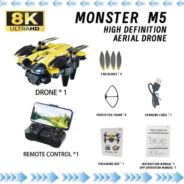 M5 Drone Professional 8K Wide Angle HD Triple Cameras WiFi FPV Height Hold RC Quadcopter For Kids Adults Aerial Photography Toys