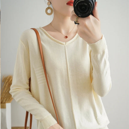 2023 Autumn/Winter Women's New Pullover Casual Solid 100% Cotton Knitted V-Neck Loose Sweater Fashion Soft Breathable Top