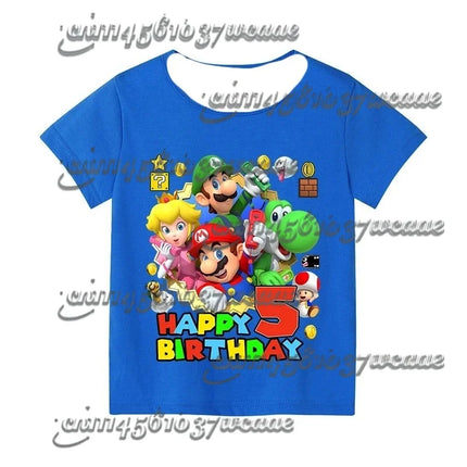 Super Mario Birthday Number T-Shirt Blue Short Sleeve Cartoon Figure Party Top for Men Women Kids - Family Matching Gift