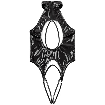 Sexy Adult Womens Cut Out Crotchless Catsuit Jumpsuit Lingerie Female Wet Look Body Costumes Patent Leather Bodysuit Underwear
