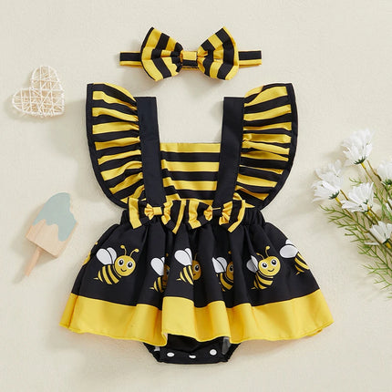 FOCUSNORM 0-18M Lovely Baby Girls Rompers Dress 4 Colors Bee/Ladybug/Cow/Elephant Print Fly Sleeve Jumpsuits with Headband