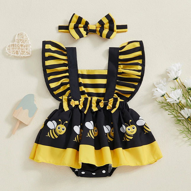 FOCUSNORM 0-18M Lovely Baby Girls' Romper Dress, 4 Colors, Bee/Ladybug/Cow/Elephant Print, Fly Sleeve Jumpsuits with Headband