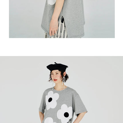 imakokoni original applique pure cotton gray T-shirt pullover short-sleeved shirt casual loose large size summer female 223602