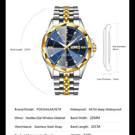 POEDAGAR Luxury Man Clock Business Waterproof Luminous Date Week Watches For Men Quartz Stainless Steel Fashion Men's Wristwatch