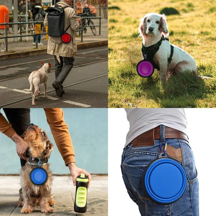 Folding Portable Silicone Dog Feeder Bowl 2 In 1 Pet Dispenser Outdoor Travel Dog Cat with Carabiner Bottle Food Water Container