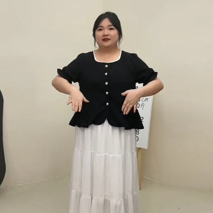 Plus size, French niche top for women's summer wear, oversized slightly chubby mm slimming shirt 3018