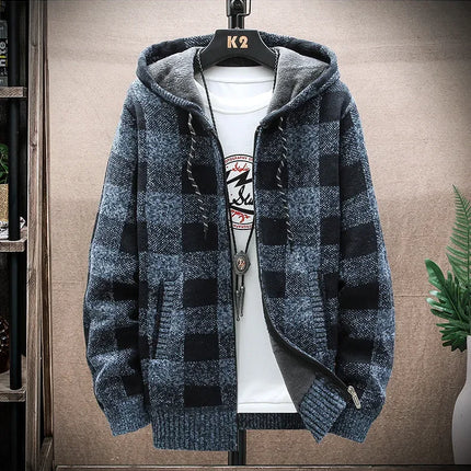 2023 Autumn/winter Fleece-lined Trendy Color Block Versatile Hooded Men's Cardigan Youth Outerwear Knitted Top For Men