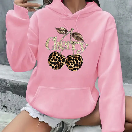 Pocket Hooded Hoodie Streetwear Leopard Cherry Print Long Sleeve Sweatshirt Clothing Hoody Autumn Winter Hoodies