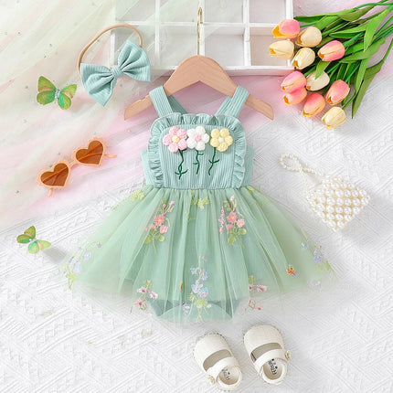 2025 Summer Baby Girl Netted Dress with Korean Style 3D Flower Embroidery Straps and Matching Headband 2-Piece Set