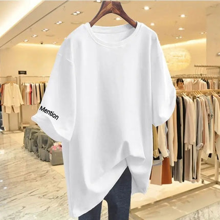 Women Clothing Fashion Solid Letter Print Short Sleeve T-shirt Summer Pure Cotton O-neck Basic Versatile Top Tee Loose Pullovers