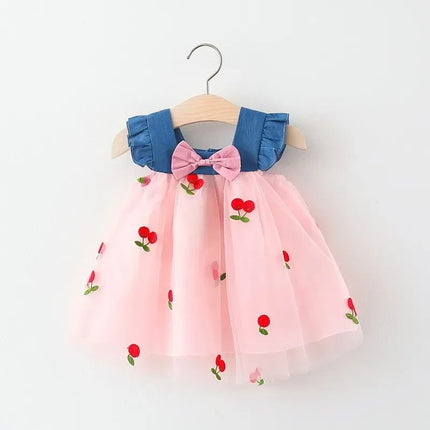 (Girls 0-3 Years Old) New Summer Girls Dress with Bow Preppy Princess Dress with Cherry Embroidery Small Flying Sleeves