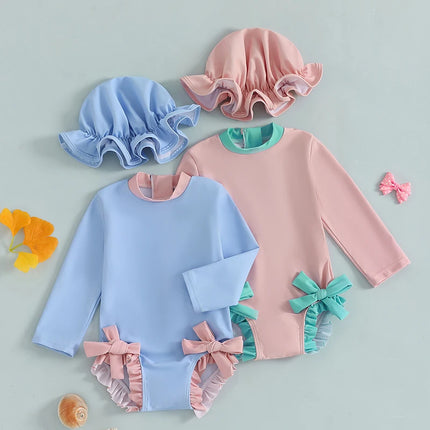 0-3Y Kids Baby Girl Rash Guard Swimsuits Lovely Bow Print Long Sleeve Ruffled Trim Romper Bathing Suit Infants Swimwear with Cap
