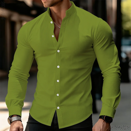 21 New Colors Men's Solid Color Long-Sleeved Stand Collar Shirt, Comfortable, Casual, Business, High-Quality, Elegant Men's Top