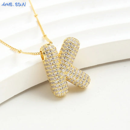 SUNSLL Cubic Zircon A-Z 26 Bubble Letter Necklace 2 Sizes Gold Plated M Chunky Balloon Initials Pendant Women Chain Jewelry 2024