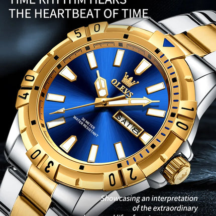 OLEVS Men's Watches Luxury Diving Series Stainless Steel Waterproof Luminous Dual Calendar Fashion Quartz Wristwatch for Men
