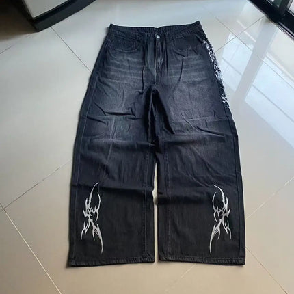 vintage style printing black baggy jeans harajuku trend men women hip hop fashion casual Joker couple Wide-leg pants streetwear