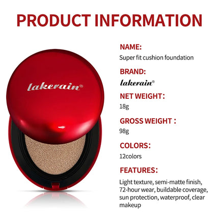 Lakerain Suncreen Cushion Foundation Waterproof Long-lasting Full Coverage Concealer Semi-matte Finish Natural Makeup Cosmetic