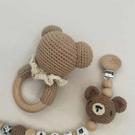 Baby Rattle Crochet Bear Teether Rattle With Bells Pacifier Chain Newborn Montessori Educational Toy Wooden Rings Baby Toys