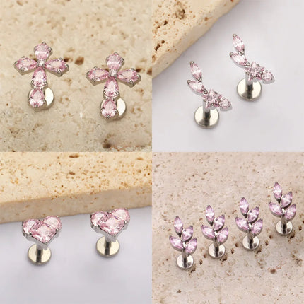 High-Quality F136 Titanium Alloy Pink Zirconia Stud Earring Set Fashionable Cartilage and Lip Piercing Jewelry for Men and Women