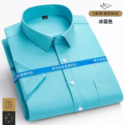 2026 NEW IN Summer Men's Shirt Non-Ironing Anti-Wrinkle Business Casual Solid Color Elastic Smooth Short Sleeves Work Social