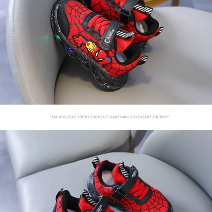 LED Casual Sneakers Red Black For Spring Boys Mesh Outdoor Spider-Man Shoes Children Lighted Non-slip Shoes Size 21-30