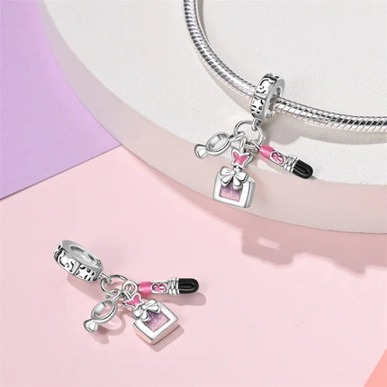 100% 925 Sterling Silver Fashion Pink Princess Skirt Bag Lipstick Charms Beads Fit Qikaola Original Bracelets DIY Jewelry Gifts