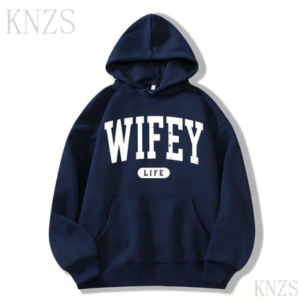 Wifey Life Graphic Hoody Pocket Drawstring Spring Winter Cozy Hoodie Fashion Men Women Grey Sweater Long Sleeved Casual Tops