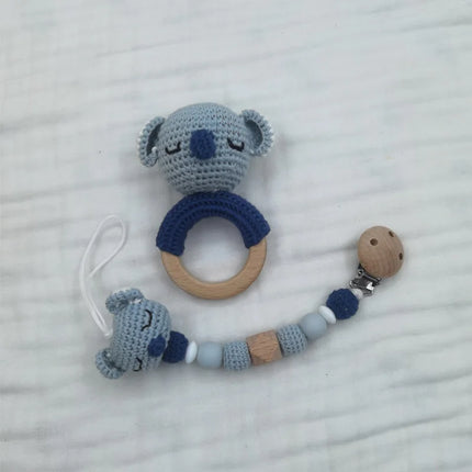 Baby Rattle Crochet Bear Teether Rattle With Bells Pacifier Chain Newborn Montessori Educational Toy Wooden Rings Baby Toys